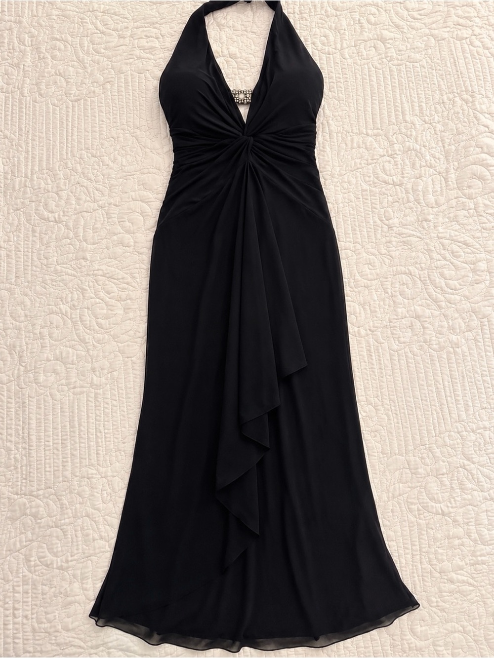 Vintage Caché Black Halter Rhinestone Open Back Evening Gown Dress Size 6